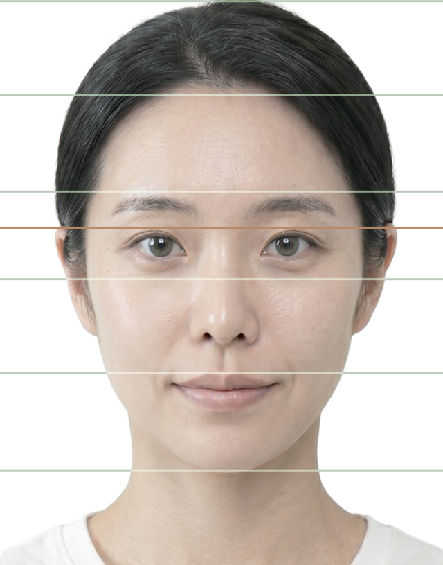 上顔面・目元・中顔面・下顔面・顎/首の区間を示した顔のダイアグラム